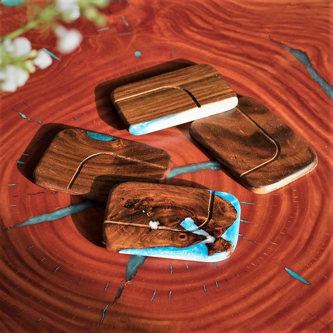 Curved Edges Resin Wood Coaster ( Blue Pearl ) set of 4