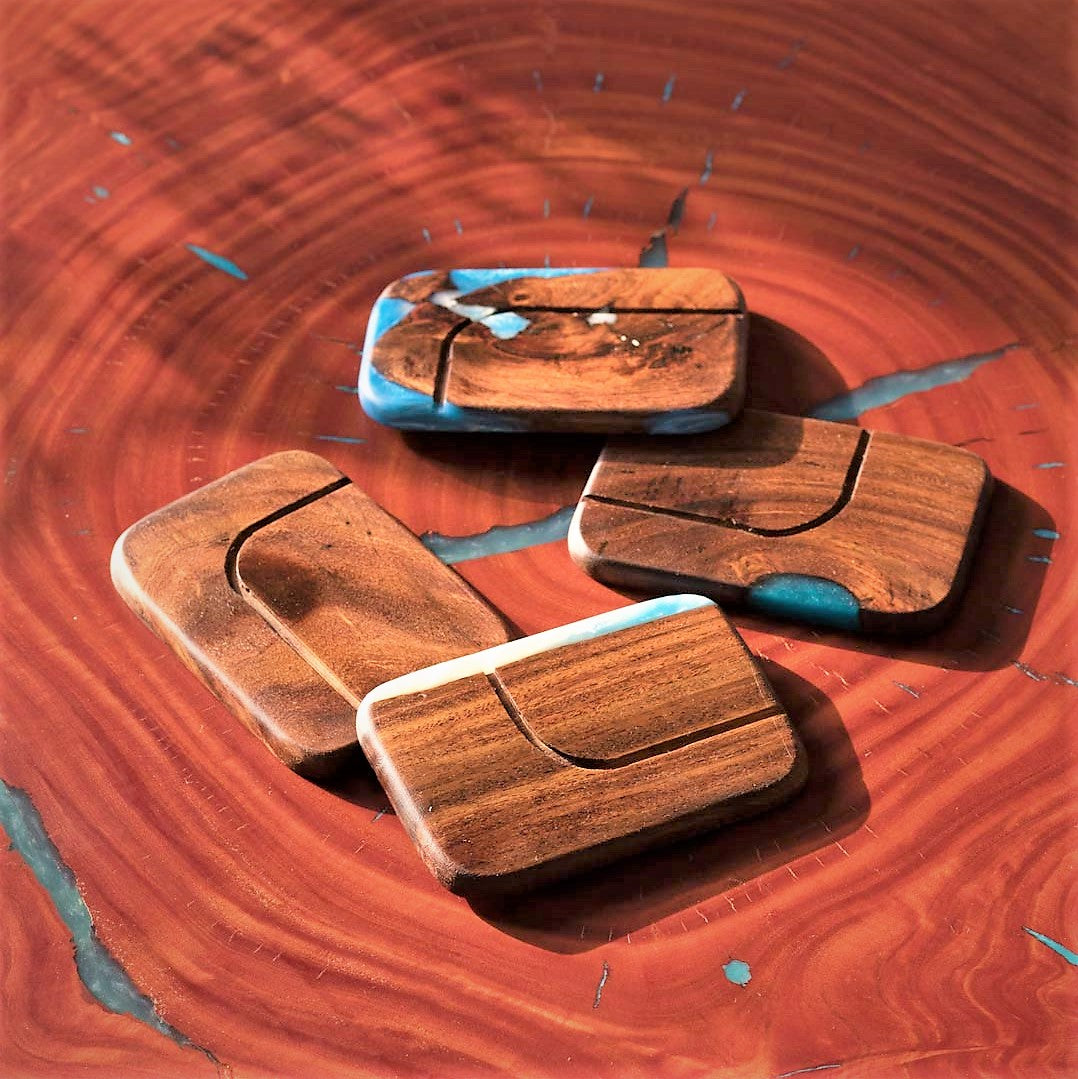 Curved Edges Resin Wood Coaster ( Blue Pearl ) set of 4