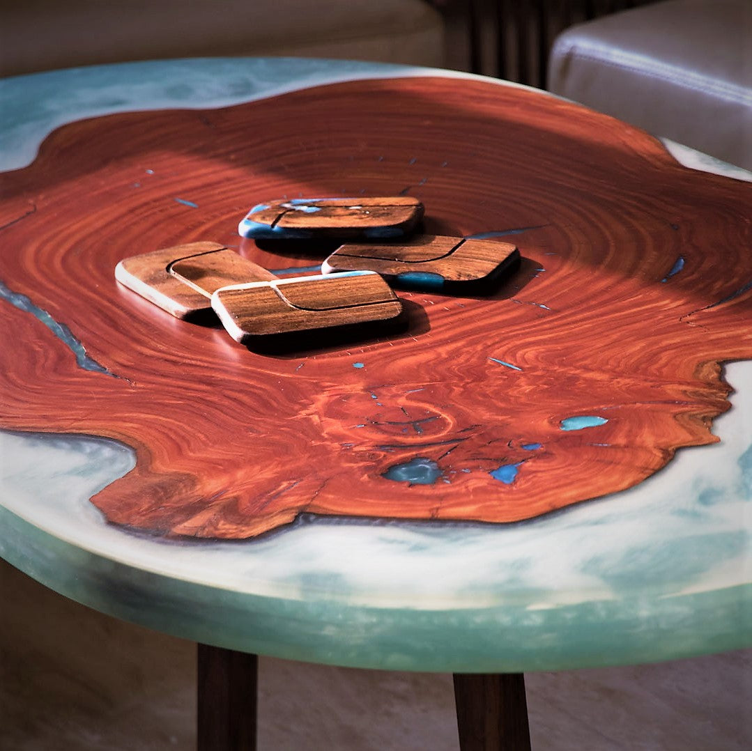 Curved Edges Resin Wood Coaster ( Blue Pearl ) set of 4