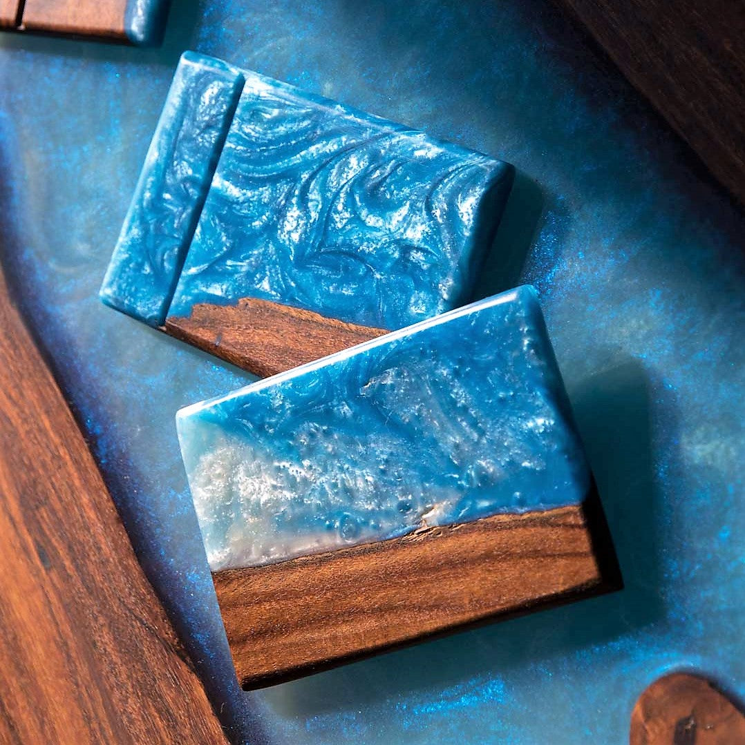 Resin Wood Coaster ( Blue Pearl ) set of 4
