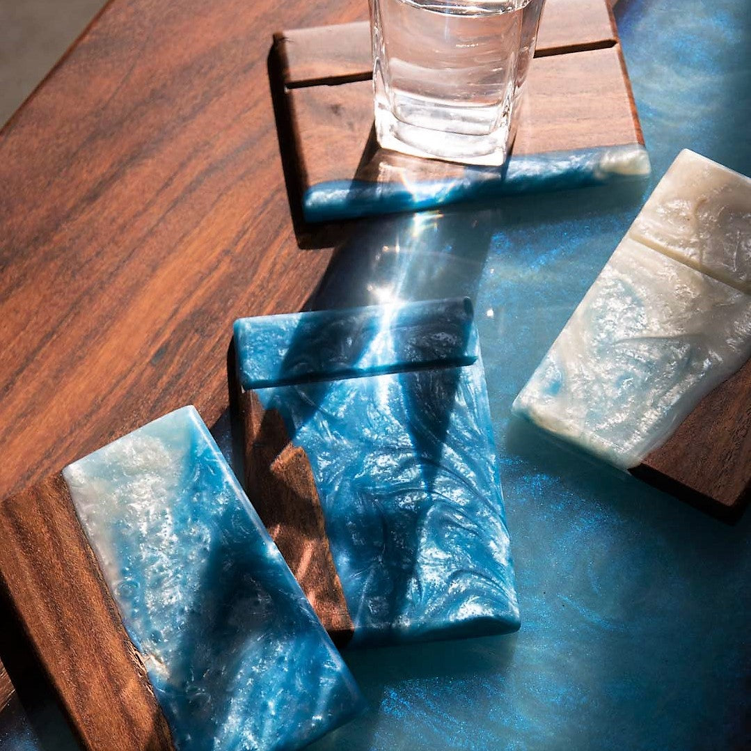 Resin Wood Coaster ( Blue Pearl ) set of 4